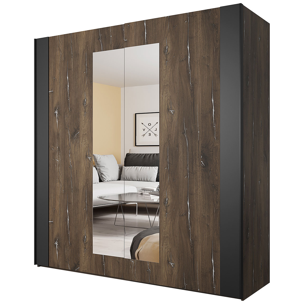 Skříň s posuvnými dveřmi se zrcadlem SIGMA SG18 dub flagstaf ocel / černá