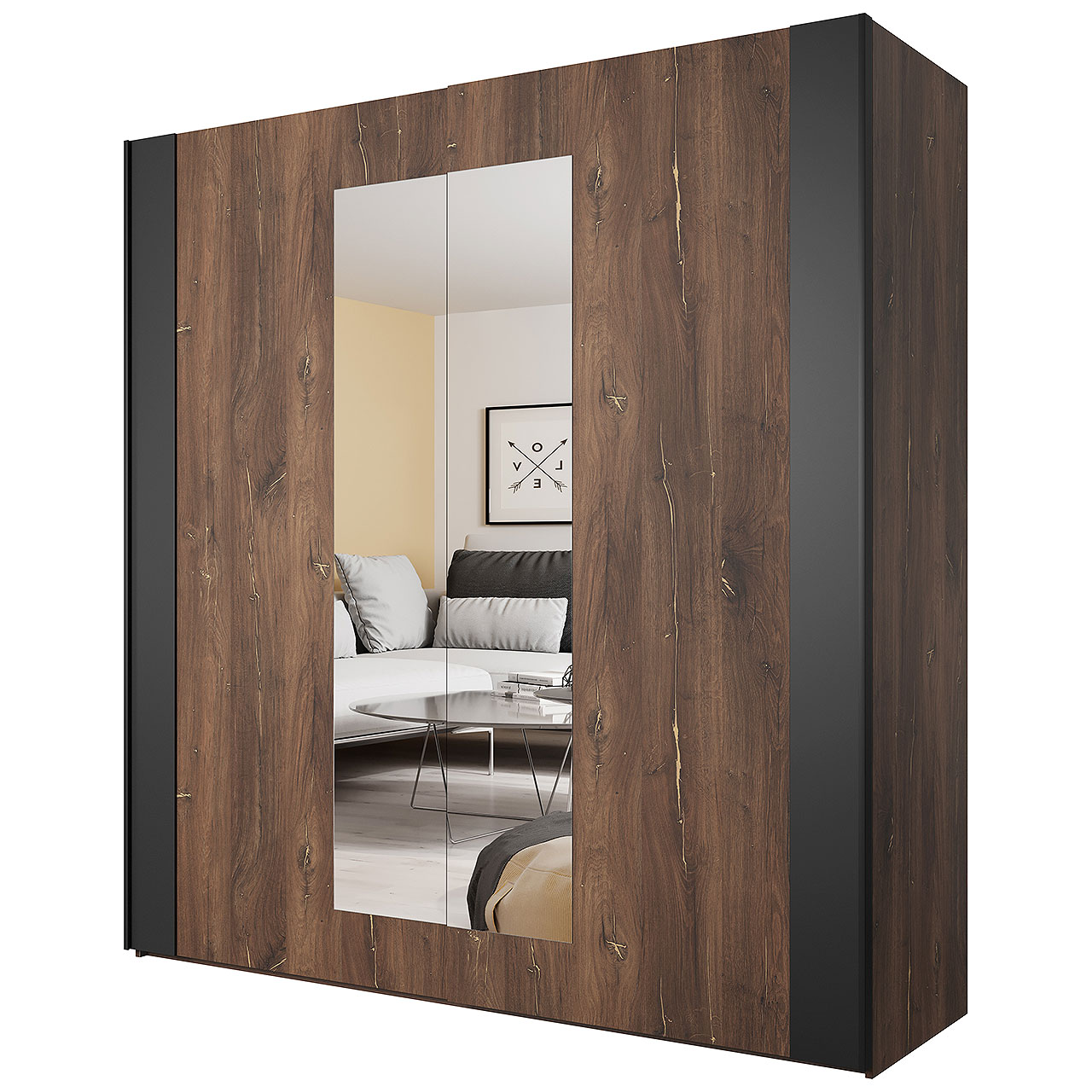 Skříň s posuvnými dveřmi se zrcadlem SIGMA SG18 dub flagstaf měď / černá