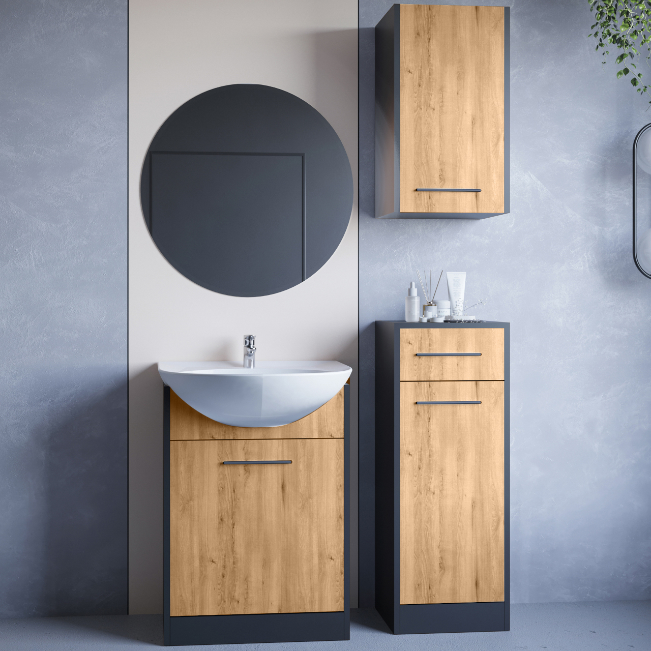 Koupelnový nábytek se zrcadlem NEPPA černý / dub artisan