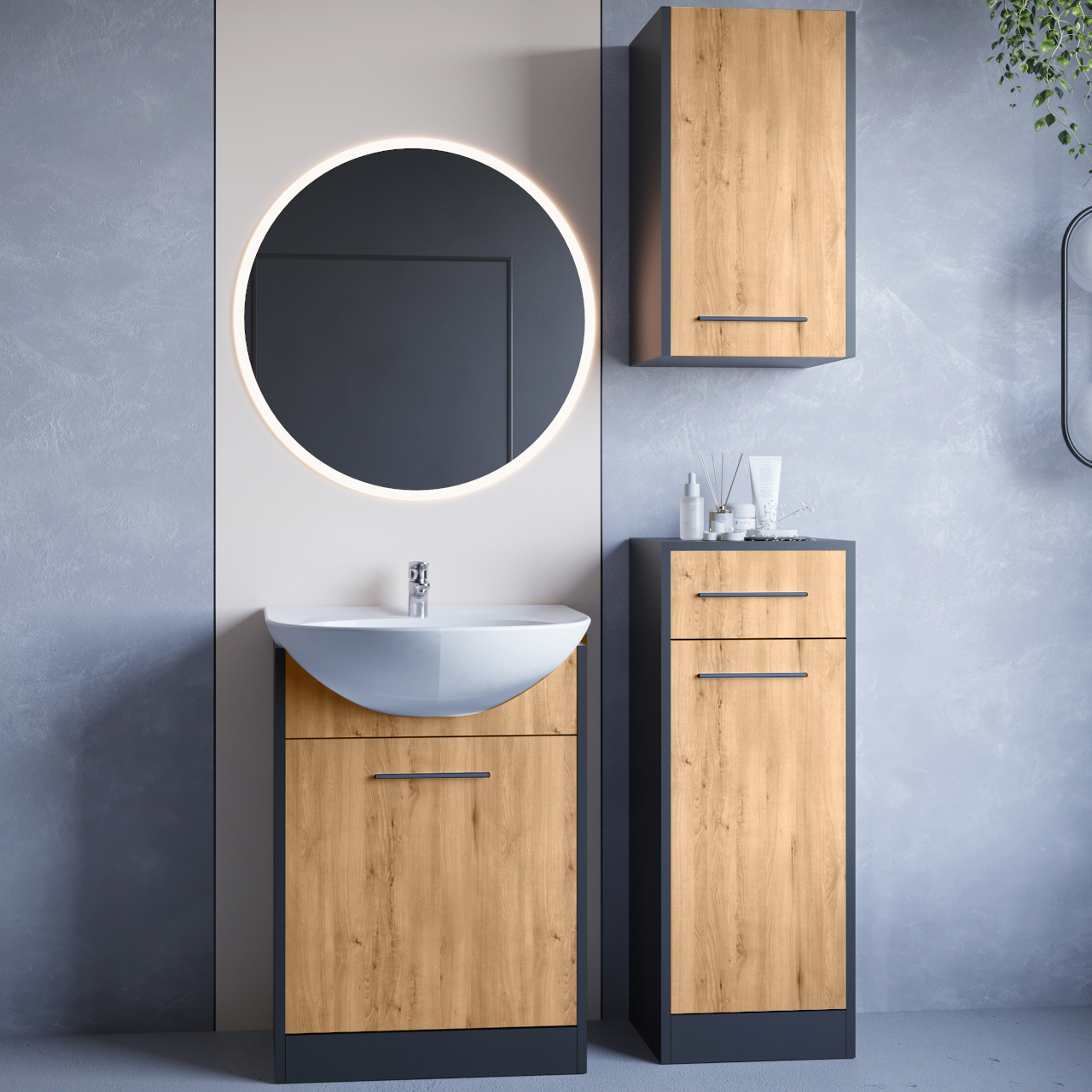 Koupelnový nábytek se zrcadlem NEPPA LED černý / dub artisan