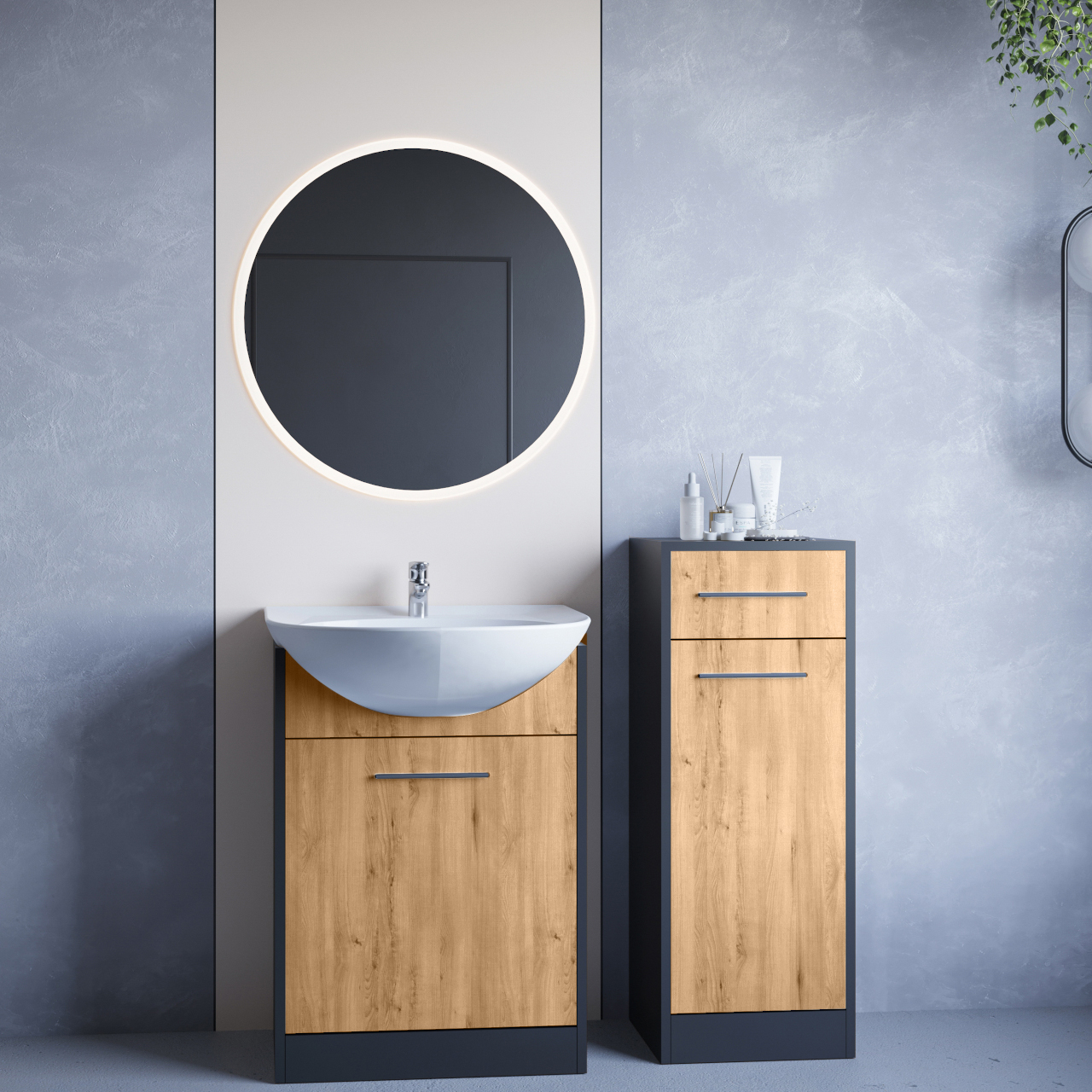 Koupelnový nábytek se zrcadlem NEPPA MINI LED černý / dub artisan