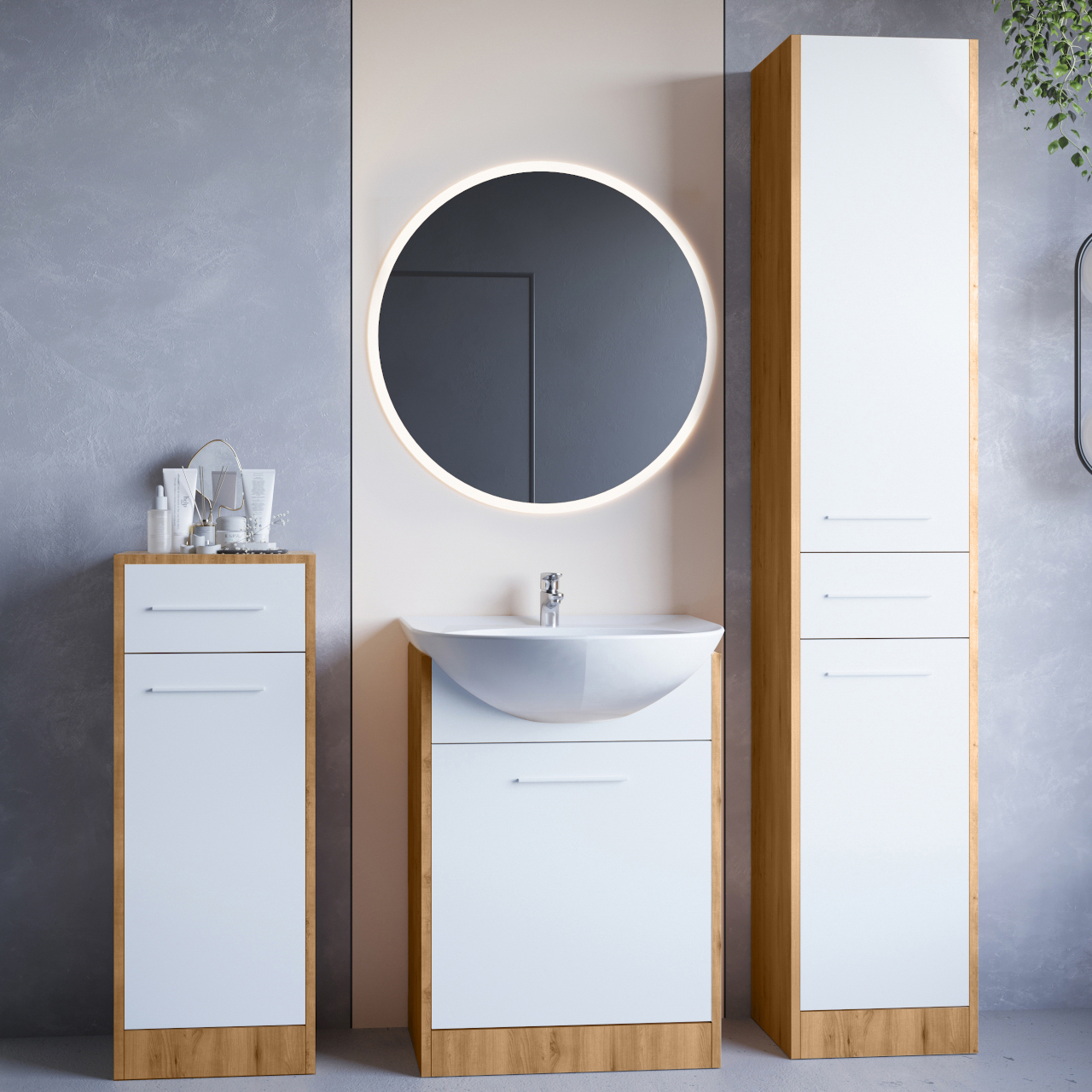 Koupelnový nábytek se zrcadlem SLIDO MINI LED dub artisan / bílý