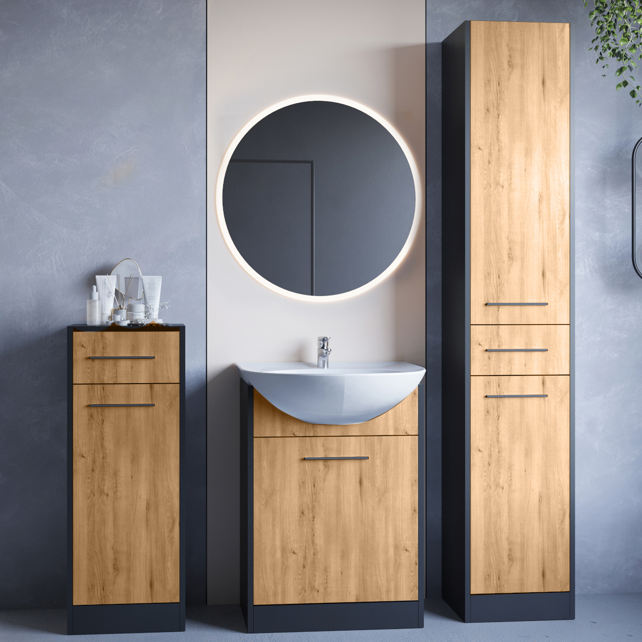 Koupelnový nábytek se zrcadlem SLIDO MINI LED černý / dub artisan